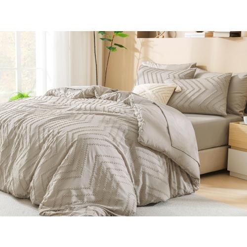Litanika Queen Comforter Set with Sheets Beige - 7 Pieces Bed in a Bag Queen Chevron Tufted Complete Bedding Sets with Comforter, Sheets, Pillowcases & Shams