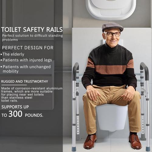 Silver Toilet Safety Rails, Adjustable Toilet Frame for Elderly, Seniors, Handicap & Disabled, Foldable Handicap Toilet Handles Fit Any Toilets (300 LB)
