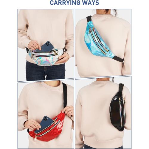 LIVACASA Holographic Fanny Packs for Women Cute Black Waist Packs Shiny Waist Bum Bag Waterproof for Travel Party Festival Running Hiking All Black