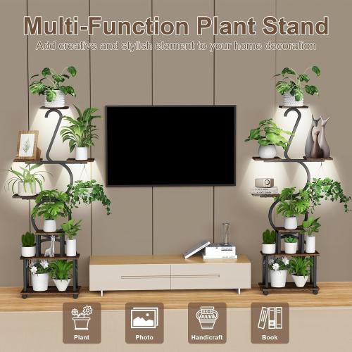 Brown and Black Plant Stand with Grow Lights, 8 Tiered 64 Corner Plant Stand, Metal Plant Shelf Indoor with Wheel, Large Plant Stands, Flower Rack Display for Living Room, Garden, Patio-Thick 1.2MM Steel Frame