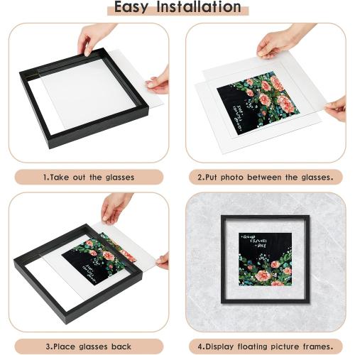 MUYE 10x10 Floating Frames Set of 2,Double Glass Picture Frame Display Any Size Photo up to 10x10,Wall Mount or Tabletop Standing,Black