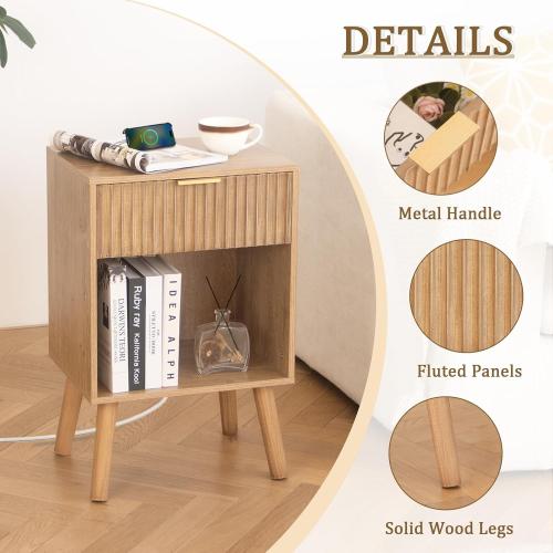 Wood Nightstand with Charging Station, Bedside Table with Fluted Drawers and Outlet, Boho Night Stand for Bedroom, Living Room, Office (Rustic Walnut)