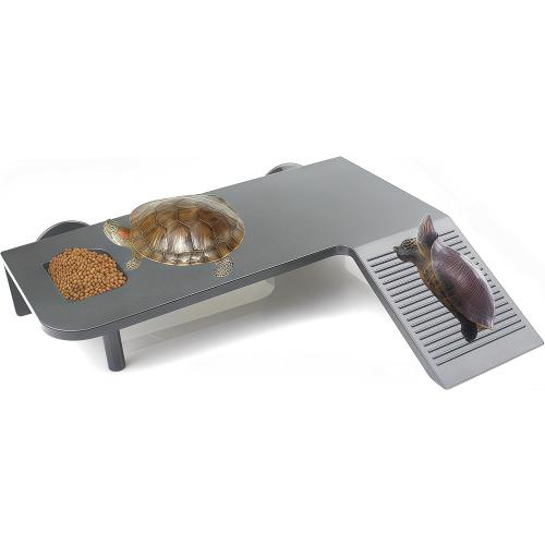 Turtle Basking Platform with Feeding Area,Turtle Basking Platform Large-with Two Strong Vacuum Suction Cups and Support Base,Suitable for Deep-Water and Semi-Aquatic Turtles (Black, Large)