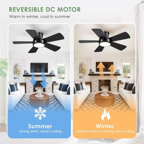 Dannilong 40 inch Modern Ceiling Fans with Lights Remote/APP Control, Low Profile Reversible Ceiling Fans Flush Mount 6 Speeds Ceiling fan Light for Patio Kitchen Bedroom, Black
