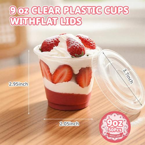 50 Packs 9oz Disposable Dessert Cups with Lids No Hole, Clear Plastic Cups with Lids for Ice Cream, Cake, Snacks, Fruit, Cold Drinks, Smoothie, Pudding, Salad