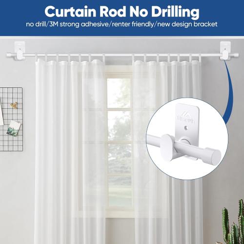 Curtain Rods No Drilling for Windows 30 to 45 Inches,5/8 Inch Diameter No Drill Small Curtain Rod Set with 3M Adhesive Brackets,Not Suitable for Painted Walls, White