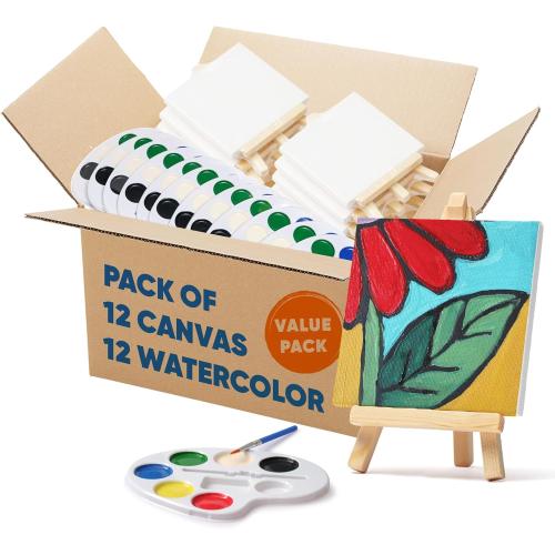 Mini Canvas and Easel Set with Mini Watercolor Paint in Bulk Set of 12 - Kids Art Party Favors & Party Supplies - 4x4 Small Canvases for Painting with Mini Easel - Water Colors Paint for Kids