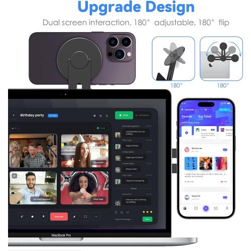 CloudValley Magnetic Laptop Phone Holder, Adjustable Continuity Camera Mount Compatible with MagSafe & for iOS 16 / macOS 13 Ventura, Slim Portable Computer Expansion Bracket for Smartphone, Black