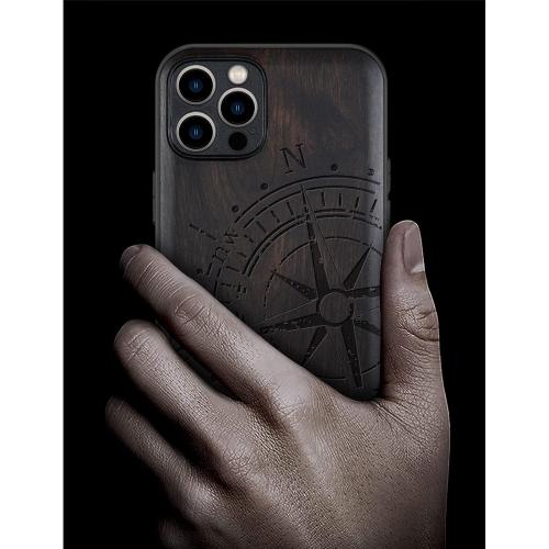 Carveit Magnetic Wood Case for iPhone 12 Pro Max Case [Natural Wood & Black Soft TPU] Shockproof Protective Unique & Classy Wooden Cover Compatible with MagSafe (Vintage Compass-Blackwood)