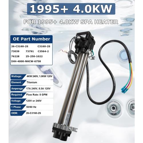 Camoo 26-C3160-2S Double-Barrel Low-Flow Heater Assembly 4.0KW for Watkins/Hot Spring/Tiger River/Hot Spot/Caldera/Laing tri-Bend Heater, 1.0/4.0KW 120/240 Volt, Replace C3160-2S, 73039, 73791, Black