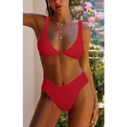 Size M...geluboao Bikini Set for Women Solid V Neck Knot Front Push Up High Leg Thong Two Piece Swimsuit