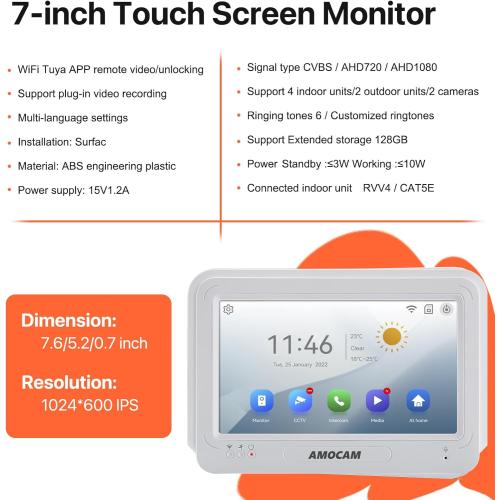 Wireless WiFi Video Doorbell Intercom System, 1080P Video Door Camera with Monitor, 7 Inch Touch Screen Video Door Phone, No Monthly Fees, Tuya APP Remote Intercom (Wired Power)