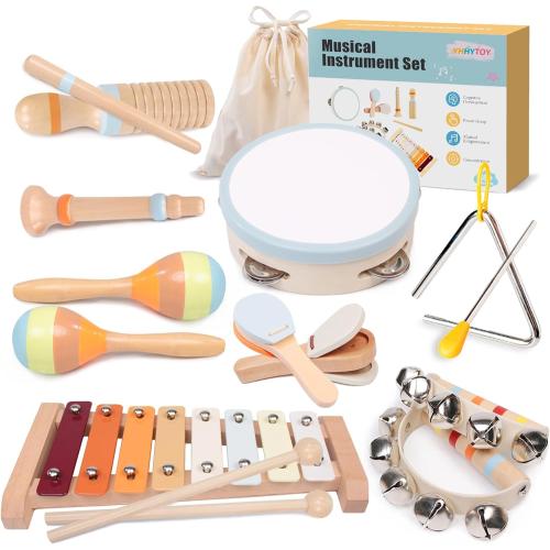 Baby Musical Instruments Set - Montessori Wooden 18 Month Old Baby Musical Toys, Toddler Percussion Instruments Xylophone Maracas Tambourine for Toddlers 1-3, 1 2 3 Year Old Girls Boys Birthday Gifts