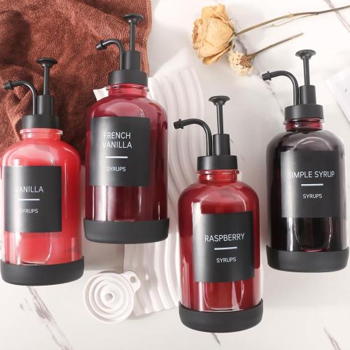 Set of 4 Coffee Syrup Dispenser for Coffee Bar, Set of 4 Non-Slip Glass Syrup Dispenser w. Labels and Silicone Sheath, 16.9 oz 500ml Syrup Pump Dispenser, Coffee Bar Accessories Simple Syrup Bottle w. Pump