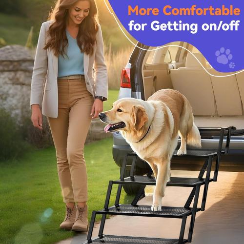Color Black Pawaboo Extra Wide Dog Stairs for Car, Foldable Dog Ramps for Car with Non Slip Surface & Reflective Tape, Heavy Duty Dogs Steps for Cars, SUV, Truck, 300lbs Capacity, 14-35 Adjustable Height