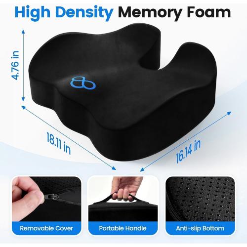 Seat Cushion, Non-Slip Memory Foam Chair Cushion for Taibone, Black/Large | Chair Pillow with Handles for Car Office Chair, Tailbone/Sciatica Easing& Post-Surgery Recovery Chair Cushion