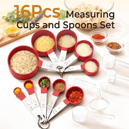 16PCS Measuring Cups and Spoons Set, Measuring Spoon Set with Metric and US Measurements, Fits for Measuring Dry and Liquid (Red)