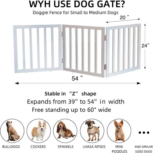 ZJSF Freestanding Indoor Dog Gate for House Foldable Wood White Puppy Gate for Doorways Pet Gate for Stairs Extra Wide Pet Fence 24 Height 3 Panels