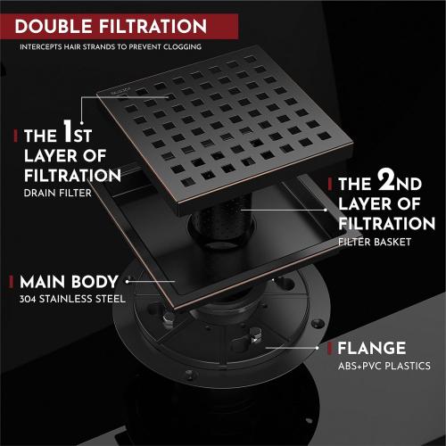 WEBANG 6 Inch Square Shower Floor Drain with Flange,Quadrato Pattern Grate Removable,Food-Grade SUS 304 Stainless Steel,Watermark&CUPC Certified,Oil Rubbed Bronze