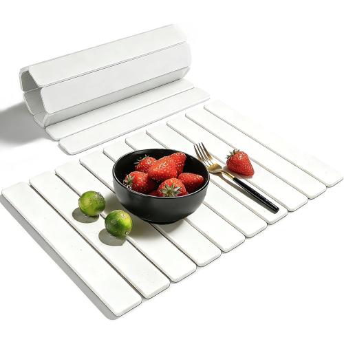Large Stone Dish Drying Mat for Kitchen Counter, 24(L)×16(W), Collapsible Quick Dry Diatomaceous Earth Mat, Super Absorbent Drying Pad for Dishes Bottles Cups Utensils, Heat Resistant (White)