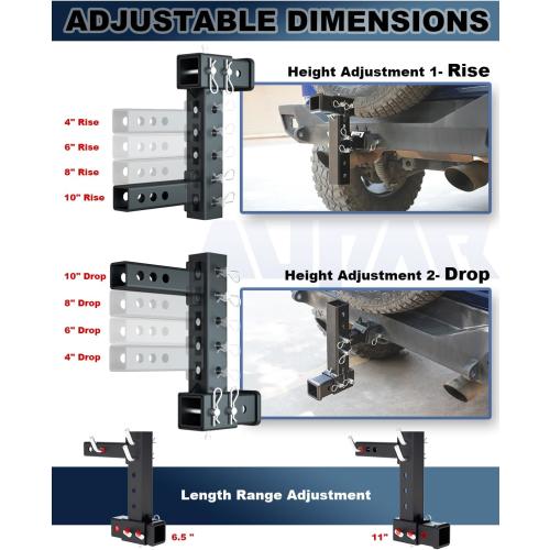 Patented Design Hitch Riser | Adjustable Trailer Hitch Extension | 4-10 Drop/Rise Hitch Adapter with 5000 lbs Horizontal Load Capacity