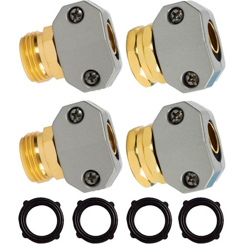 Hourleey Garden Hose Repair Kit, 2 Sets Aluminum Alloy Garden Hose End Mender, Male and Female Water Hose Repair Fittings, Fit 5/8 and 3/4 Connector, with 4 Extra Hose Washers