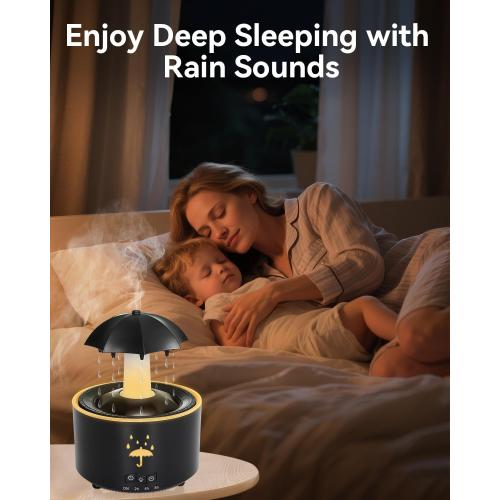 3-in-1 Rain Drop Humidifier & Essential Oil Diffuser with 360 Ratation Waterfall/Whisper Rain Sound/Cool Mist/ 7 Mood Lights, Umbrella Design Humidifiers for Bedroom Home Living Room (Black)