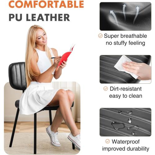 Sweetcrispy Dining Chairs Set of 2, Upholstered Mid Century Modern Kitchen Accent Chairs with Faux Leather Cushion Seat & Metal Legs for Home Office, Living Room - Black