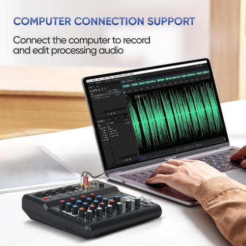 6 Channel Audio Mixer, Sound Board Mixing Console Audio Interface Digital USB Bluetooth Reverb Effect, Input 48V Phantom Power Stereo DJ Studio Mixer for PC Recording FX 16-Bit DSP Processor