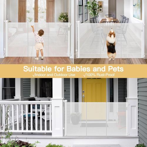 Reinforced 42 Extra Tall Retractable Baby Gates Tall Dog Gate with Support Rods, 55 Wide Mesh Gate Retractable Pet Gate Indoor/Outdoor Baby Gates for Dogs - Bottom Anti-Escape, White