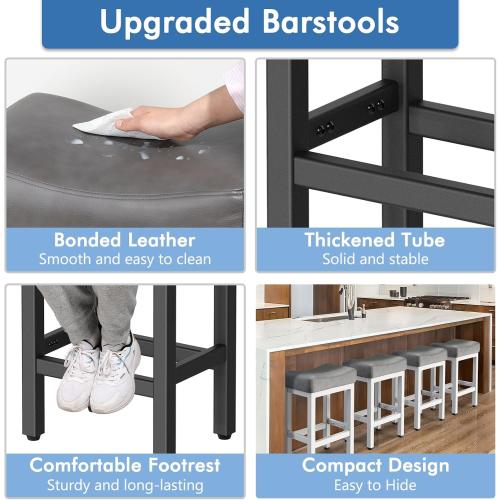 Raynesys Counter Height Bar Stools Set of 3, 24 Inch Barstools for Kitchen Island Counter, Bonded Leather Kitchen Stools with Thick Saddle Seats & Heavy Duty Metal Base, Easy Assembly, Gray/Black