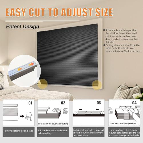 Cordless Cellular Blinds Shades Easy Cut Adjust Size Cordless No Drilling Honeycomb Window Blinds for Home Kitchen Office, Easy to Install No Tool Need Black Blackout
