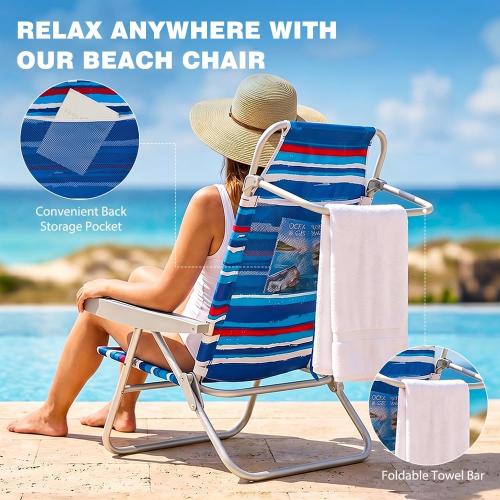 SUNNYFEEL Folding Beach Chair for Adults, High Back 5-Position Reclining | 180° Lay Flat Oversized Portable Sand Chair with Cup Holder and Towel Bar Heavy Duty for Beach/Lawn/Outdoor/Camping/Sports