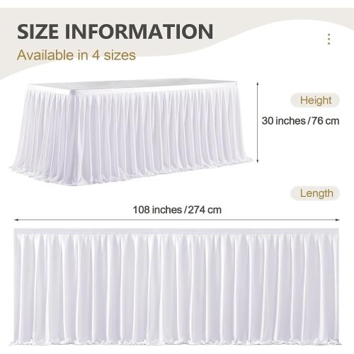 Wish Care 9ft Long White Table Skirt for Rectangle Tables Decorations - Wrinkle Resistant Polyester Pleated Table Skirting Desk Skirt for Office Baby Shower Birthday Party Wedding Banquet