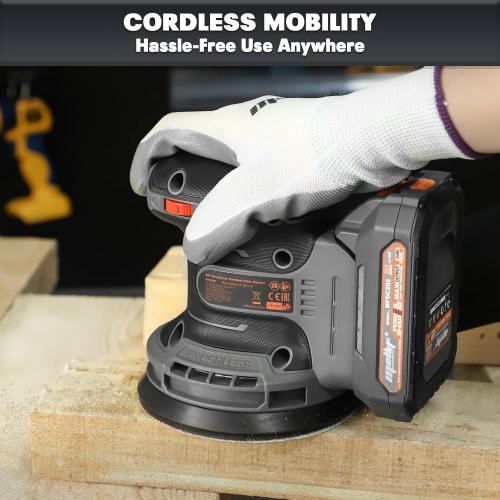 Black and Grey 5 Mellif 5 Inch Random Orbital Sander Compatible with Dewalt 20v Max Battery, Cordless Brushless Palm Orbit Sander, Dust Bag, 6 Speeds, 12000 OPM, 2.0 Battery & Charger Kits, 10PCS Sandpaper Sheets