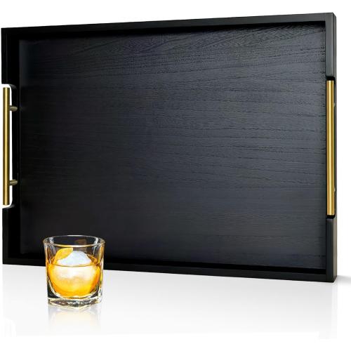22 Inch Rectangle Black Ottoman Tray with Gold Metal Handles, Extra Large Wooden Serving Tray for Living Room, Coffee Table, Kitchen & Hosting