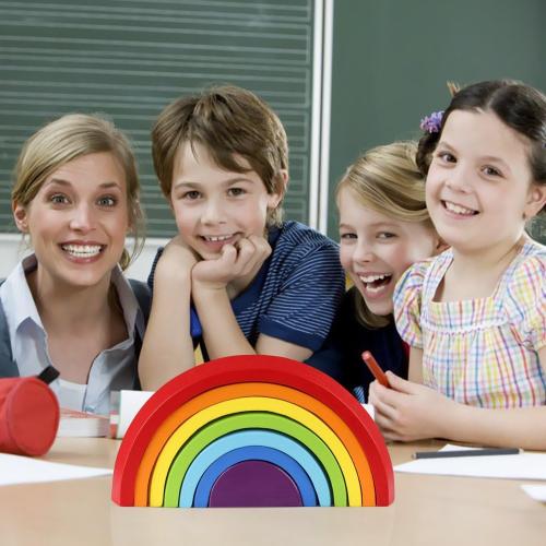 Coogam Wooden Rainbow Stacker Nesting Puzzle Blocks - Tunnel Stacking Game Building Creative Color Shape Matching Jigsaw Learning Toy Set Board Early Development Gift for Kids Boy Girl