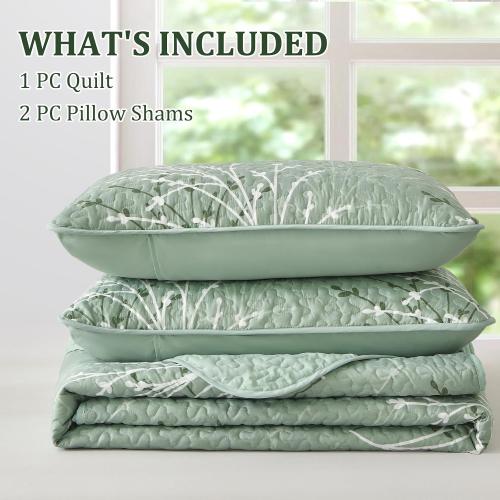 3 Pc Sage Green Quilt Set - Branch Botanical Pattern Bedspread Coverlet Set, 3 Piece Green Floral Quilt Bedding Set Soft Microfiber Daybed Cover for All Season