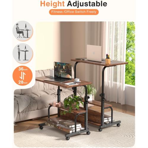 QZMDSM Portable Rolling Desk on Wheels Adjustable Height Desks for Small Spaces, 32 Computer Desk Drafting Tables with Storage Shelves for Home Office Rustic