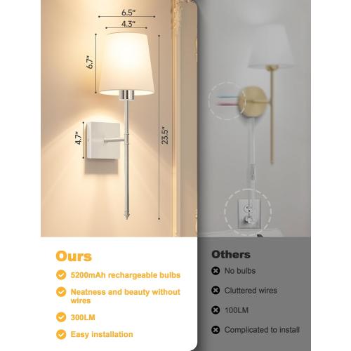 Battery Operated Wall Sconce Set of 2, Rechargeable Wall Lights with 5200 mAh Detachable Bulbs and Fabric Shade, 7 Color Dimmable Sconce Wall Decor for Bedroom, Living Room, Entryway (Silver)