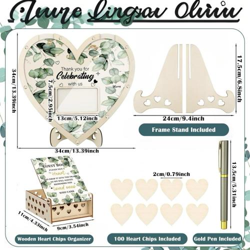 Wooden Wedding Guest Book Alternative with 63 Wood Hearts Chips, Drop Box and Pen Eucalyptus Leaves Theme Heart Picture Frame for Wedding Love Anniversary Ceremony Guestbook (Wood)