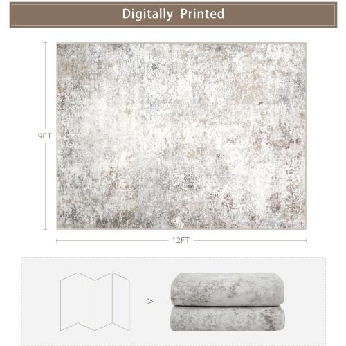 Modern Washable Rugs 9x12 Area Rugs for Living Room,Abstract Rugs for Bedroom,Large Carpets,Ultra Soft Faux Wool Retro Dining Room Rug,Non Slip&Non-Shedding Low Pile Print Rug- Beige Grey