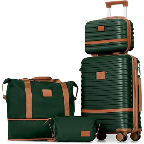 Green and Brown 4Pc Joyway Carry On Luggage Expandable Suitcase with Spinner Wheel, 4 Piece Hard Shell Luggage Set with TSA Lock(Green brown)