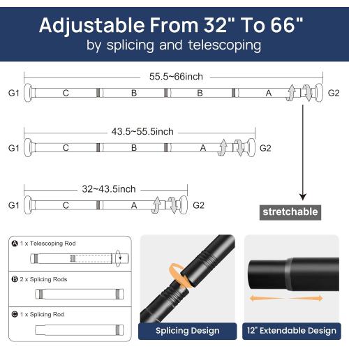 ENJOYBASICS 2 Pack Adjustable Spring Tension Curtain Rods 32 to 66 Inches, Stainless Steel Matte Black Shower Rod No Drilling for Window, Bathroom, Closet, Room Divider, 7/8 Diameter