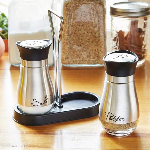 Juvale Stainless Steel Salt and Pepper Shakers Set with Holder, Refillable, Clear Glass Bottoms, Screw-Off Perforated S and P Caps for Kitchen Table Decor (4oz)