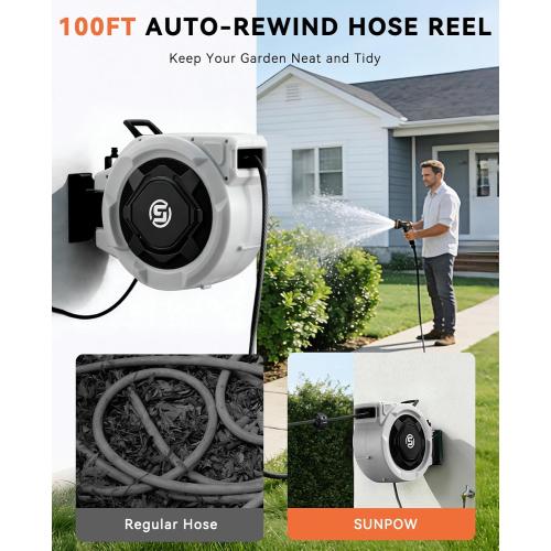 SUNPOW Retractable Garden Hose Reel - 1/2 x 100ft Wall Mounted Hose Reel with 3/4'' Brass Fitting & 10-Pattern Nozzle - Auto Slow Retraction, Any-Length Lock, 180°Swivel for Lawn & Gardening