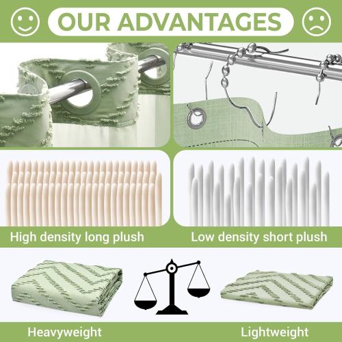 No Hook Shower Curtain with Snap in Liner, Tufted Chevron Striped Shower Curtain Set for Bathroom, Boho Waterproof and Washable Shower Curtains,71Wx74H, Sage Green