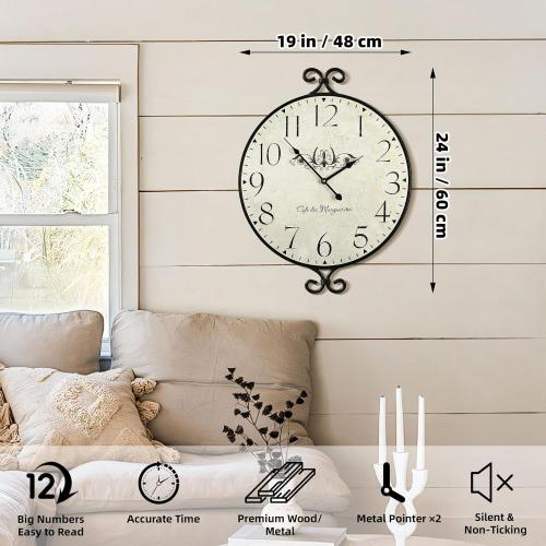24 Inch Large Farmhouse Wall Clock, Wrought Iron Frame with Warm Gray Finish, Silent Battery Operated Wall Clock for Living Room Kitchen Bedroom