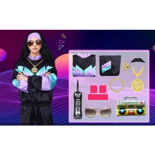 80s Tracksuit Outfit for Men Women, 90s Retro Hip Hop Costumes Windbreaker Kit Shell Suit Halloween Party Dress