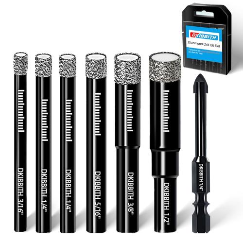 DKIBBITH 7 Pack Dry Diamond Drill Bits & Tile Drill Bits Set for Ceramic, Porcelain, Marble, Granite, Stone, Glass - Round Shank 3/16, 1/4(x2), 5/16, 3/8, 1/2 1 Pack Drill Bit 1/4